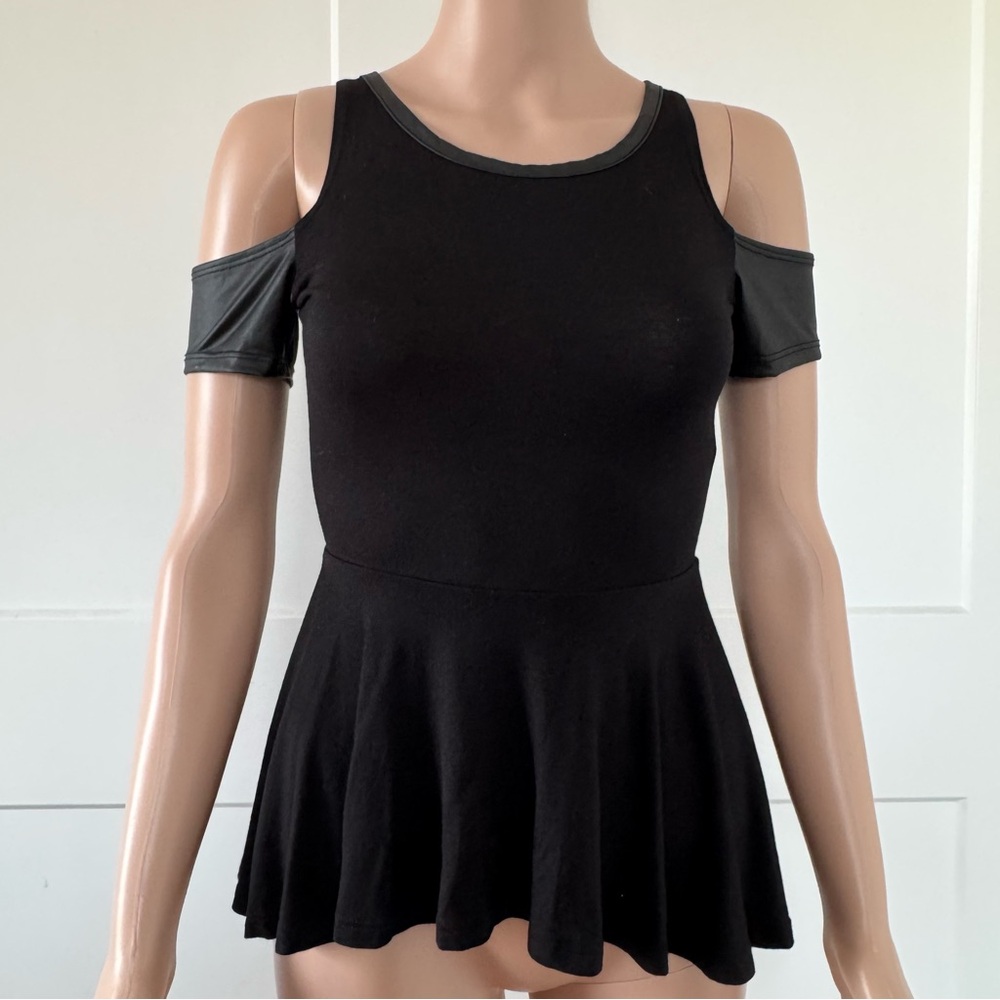 Joyce Leslie Black Sheen Cold Off Shoulder Open Back Peplum Top Shirt XS Small